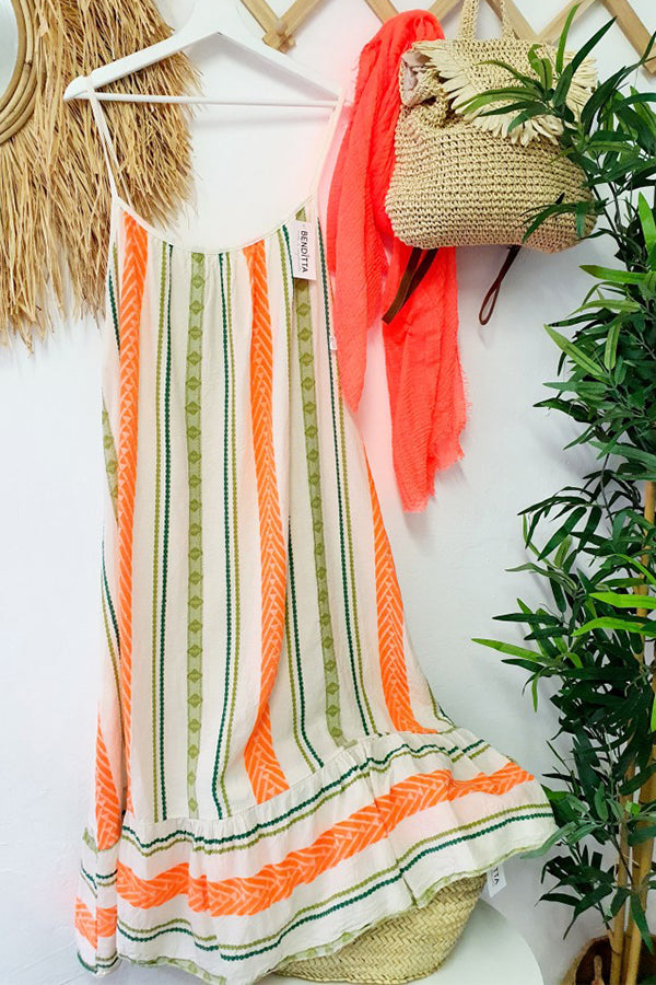 LP | Happy Sunday Maxi abito cami A-line in misto lino con stampa etnica