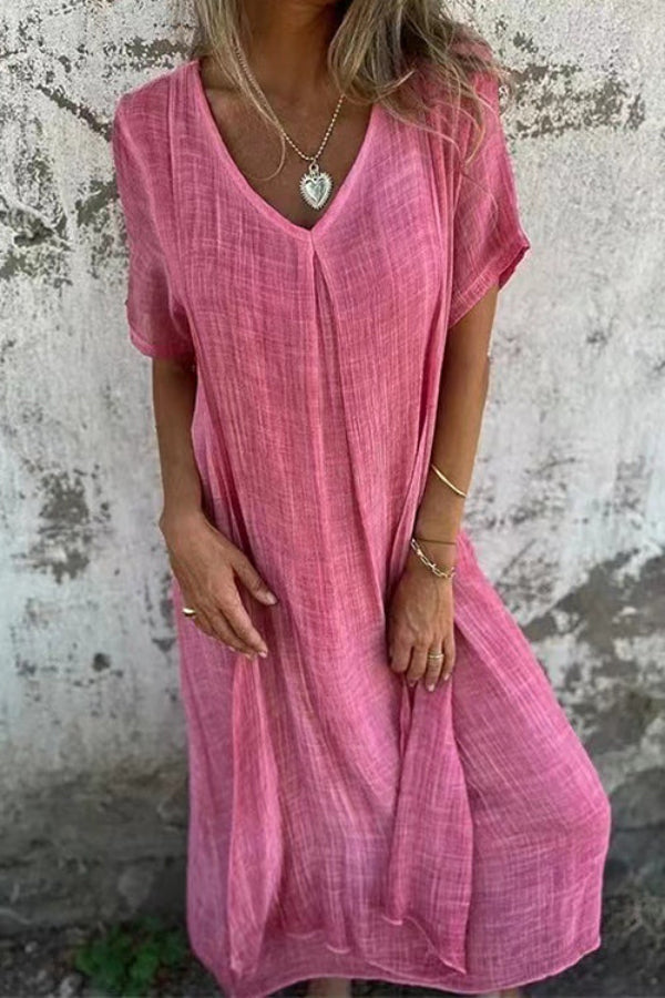 LP | Abito midi in cotone e lino con scollo a V e vestibilità ampia