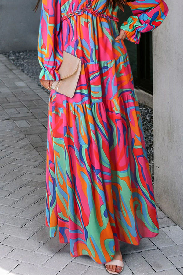 LP | Maxi abito scollato con stampa floreale multicolore e volant