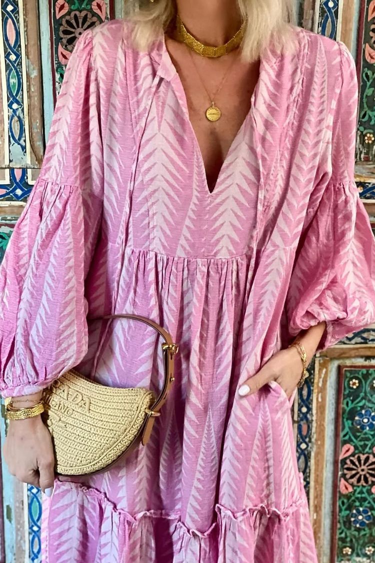 LP | Marrakech Stories Abito midi stampato in misto lino con maniche a palloncino e tasche ad A