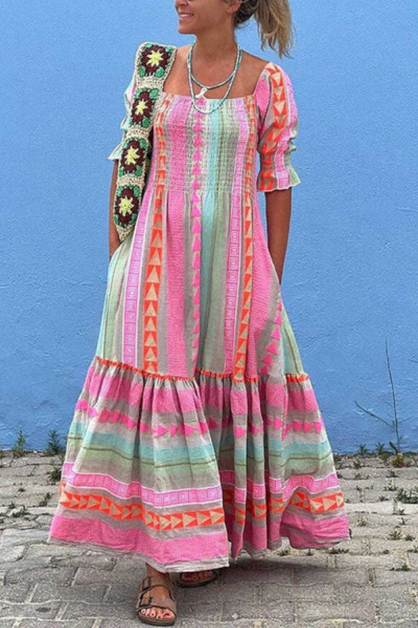 LP | Music Festival Abito con tasche geometriche a blocchi di colore Maxi abito boho in stile smocked