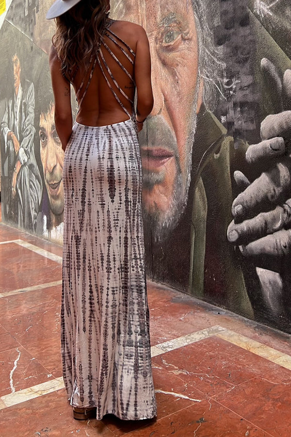LP | Modern Day - Maxi abito elasticizzato con stampa tie-dye e allacciatura posteriore
