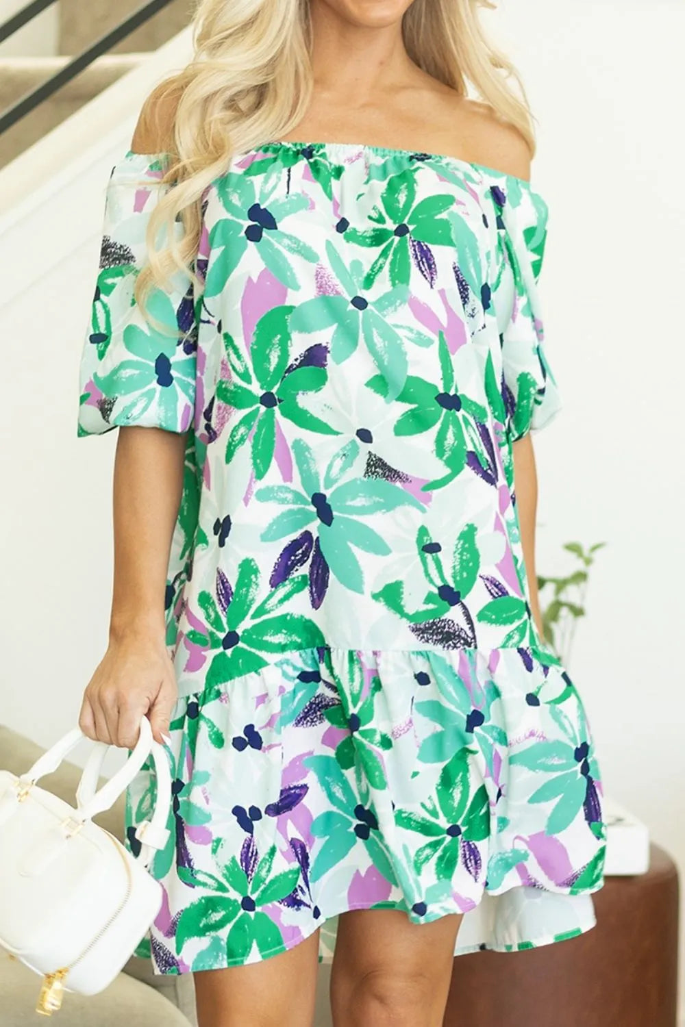 LP | Stampa floreale Scollo quadrato arricciato Mini abito loose-fit
