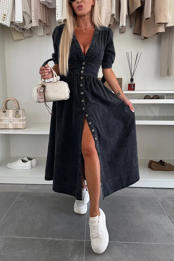 LP | Vestito midi in denim tinta unita con scollo a V e bottoni