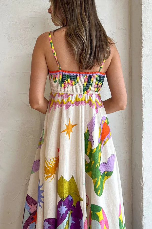 LP | Feel Effortlessly Abito midi in misto lino con stampa unica e retro smockato