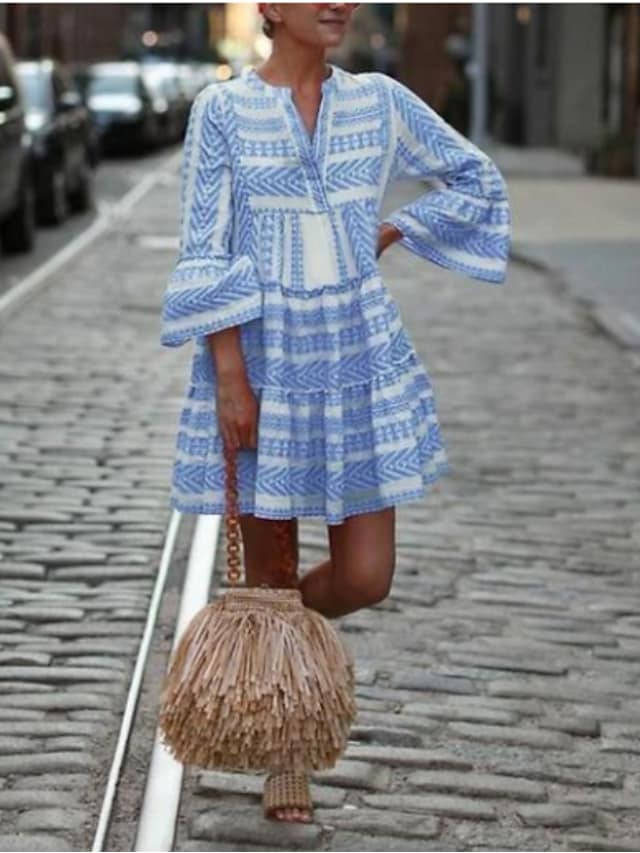 LP | Swing Dress Mini abito corto Nero Blu Rosa Verde 3/4 Lunghezza manica Stampa geometrica Primavera Estate Scollo a V Boho Flare Cuff Sleeve 2021 S M L XL XXL 3XL