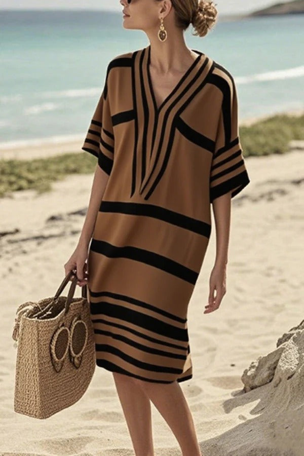 LP | Moda Stampa a righe con scollo a V Abito midi allentato per le vacanze
