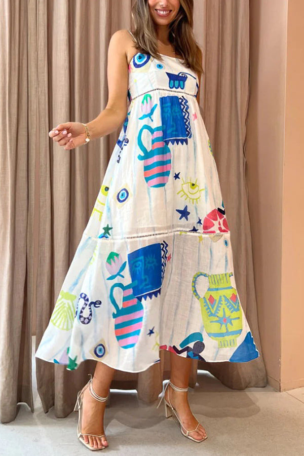 LP | She's The Fun Vestito midi in misto lino con stampa giocosa e bordo a scaletta
