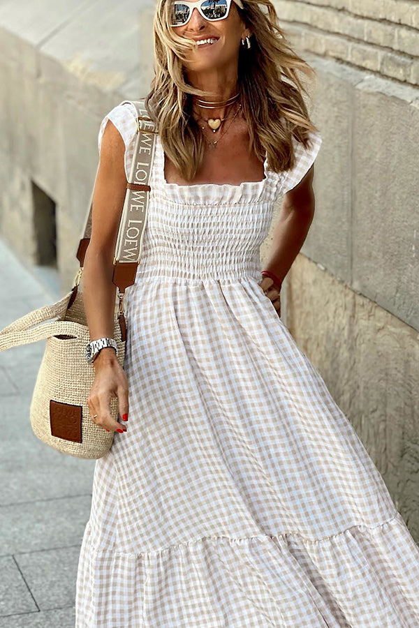 LP | Singing Solo Maxi abito a quadri multipli con top smocked