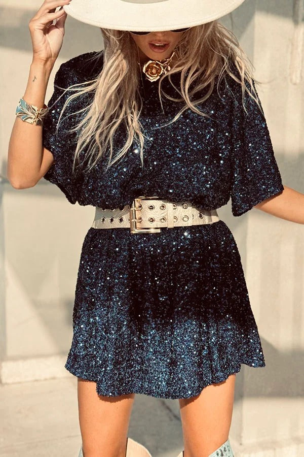 LP | Night Moves tessuto paillettes maniche corte backless linea H mini abito