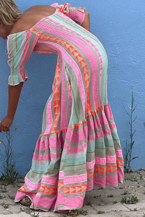 LP | Music Festival Abito con tasche geometriche a blocchi di colore Maxi abito boho in stile smocked