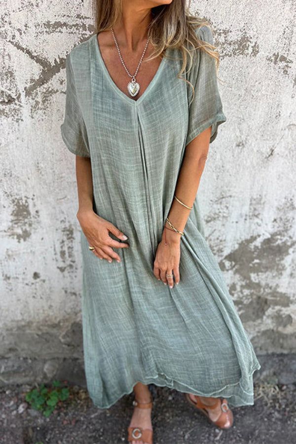 LP | Abito midi in cotone e lino con scollo a V e vestibilità ampia