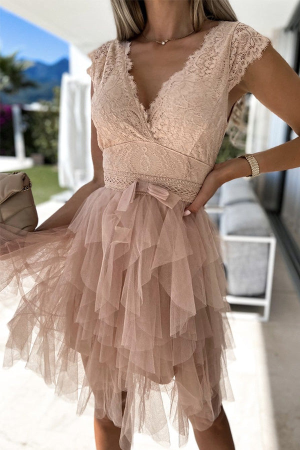 LP | Abito midi in pizzo senza maniche con scollo a V