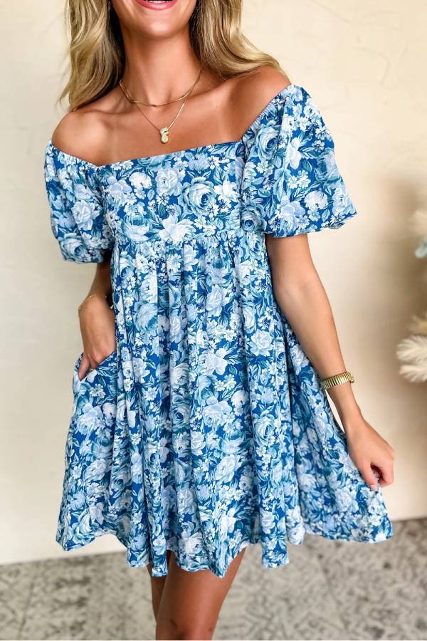 LP | Mini abito babydoll floreale blu con maniche a sbuffo