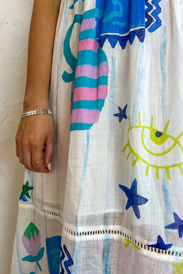 LP | She's The Fun Vestito midi in misto lino con stampa giocosa e bordo a scaletta