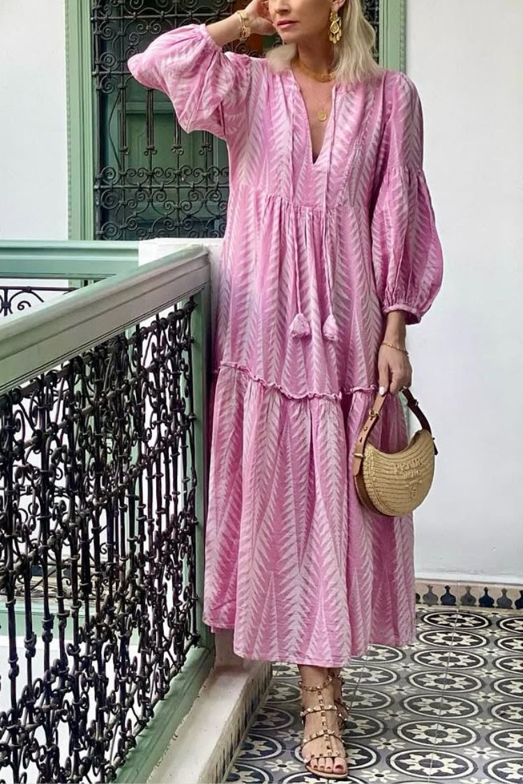 LP | Marrakech Stories Abito midi stampato in misto lino con maniche a palloncino e tasche ad A
