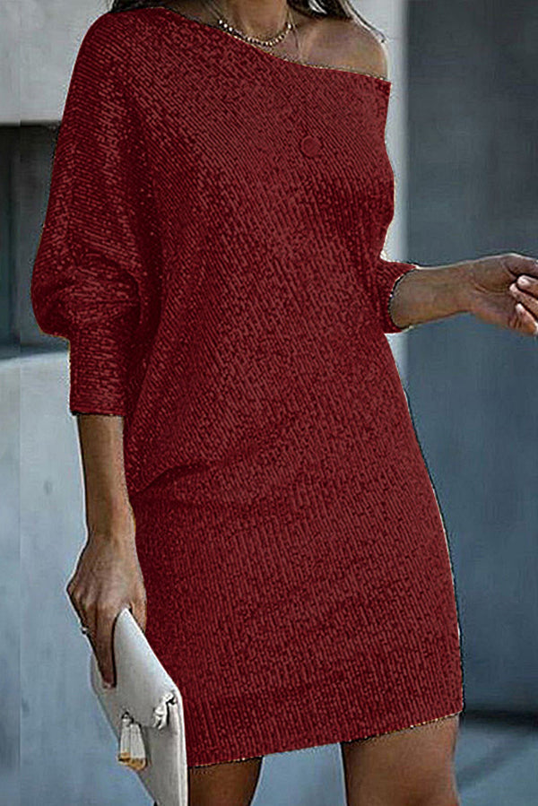 LP | Paillettes solide off-shoulder Mini abito allentato