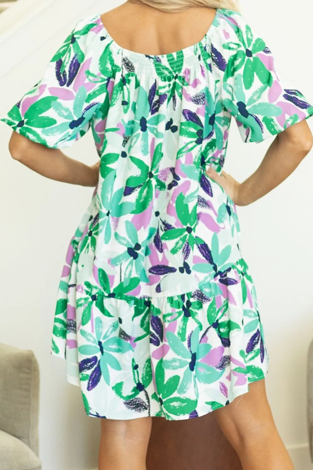 LP | Stampa floreale Scollo quadrato arricciato Mini abito loose-fit