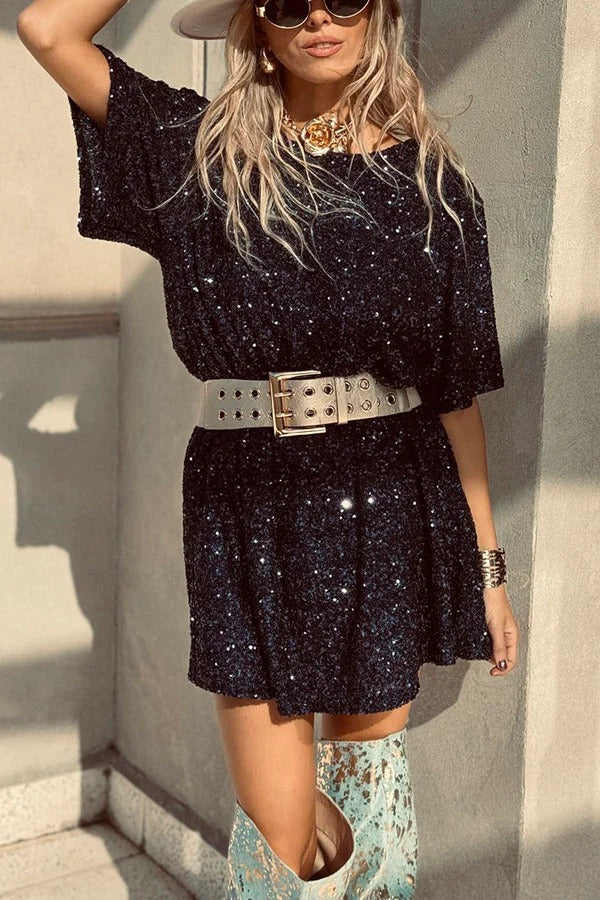 LP | Night Moves tessuto paillettes maniche corte backless linea H mini abito