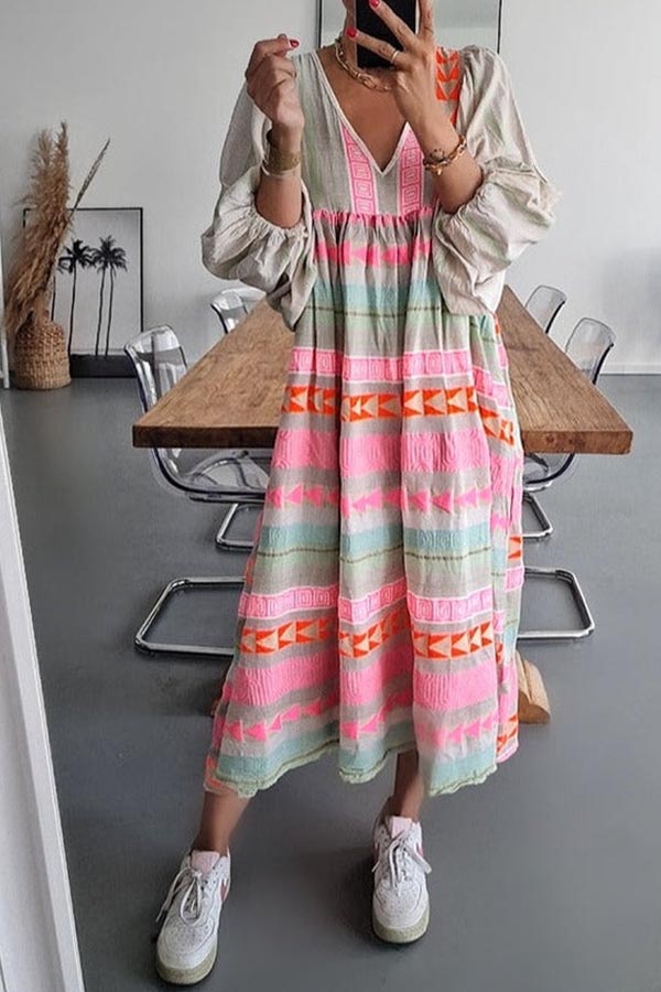 LP | Abito midi a righe rosa con chiave greca e collana arancione