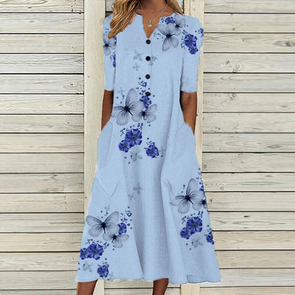 LP | Vestito midi da donna - Scollo a V - abbottonatura - maniche corte - stampa floreale a farfalla - tasche