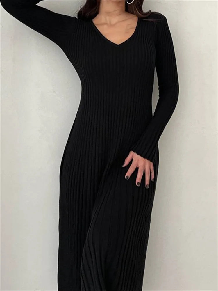 LP | abito midi autunnale a maniche lunghe a costine, slim fit e tinta unita