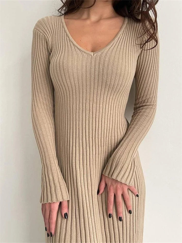 LP | abito midi autunnale a maniche lunghe a costine, slim fit e tinta unita