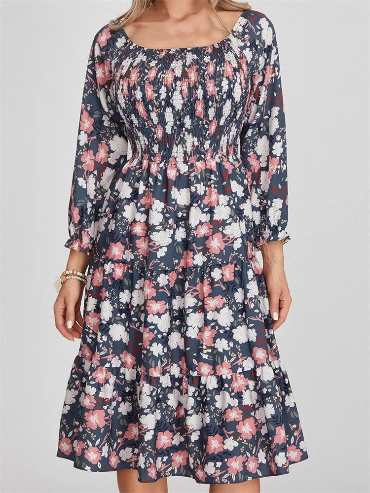 LP | Vestito midi a maniche lunghe con stampa floreale bohémien e vita alta in linea A