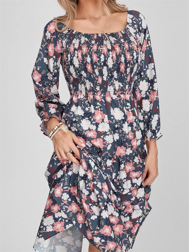 LP | Vestito midi a maniche lunghe con stampa floreale bohémien e vita alta in linea A