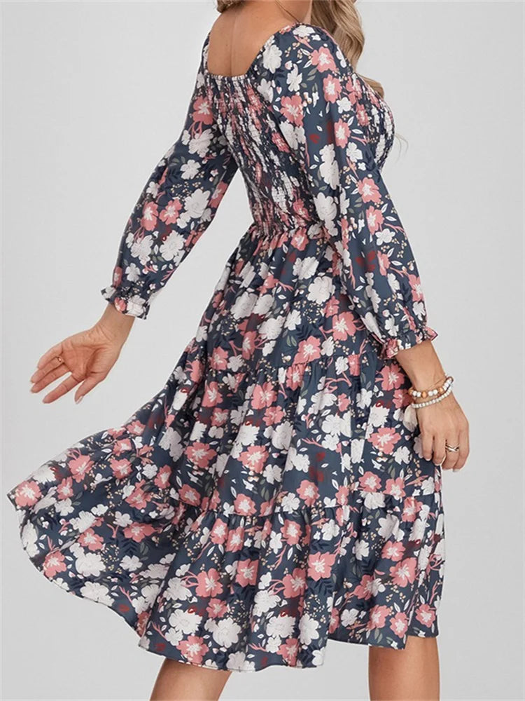 LP | Vestito midi a maniche lunghe con stampa floreale bohémien e vita alta in linea A