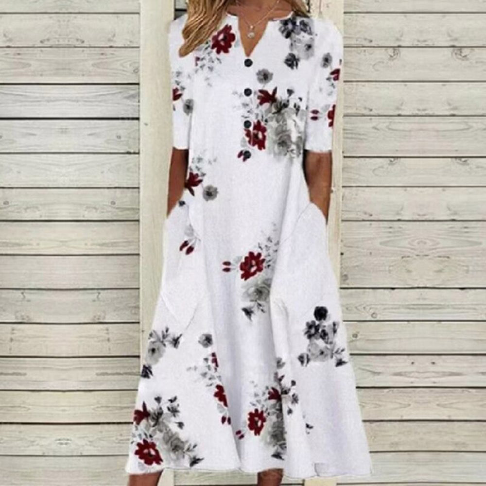 LP | Vestito midi da donna - Scollo a V - abbottonatura - maniche corte - stampa floreale a farfalla - tasche