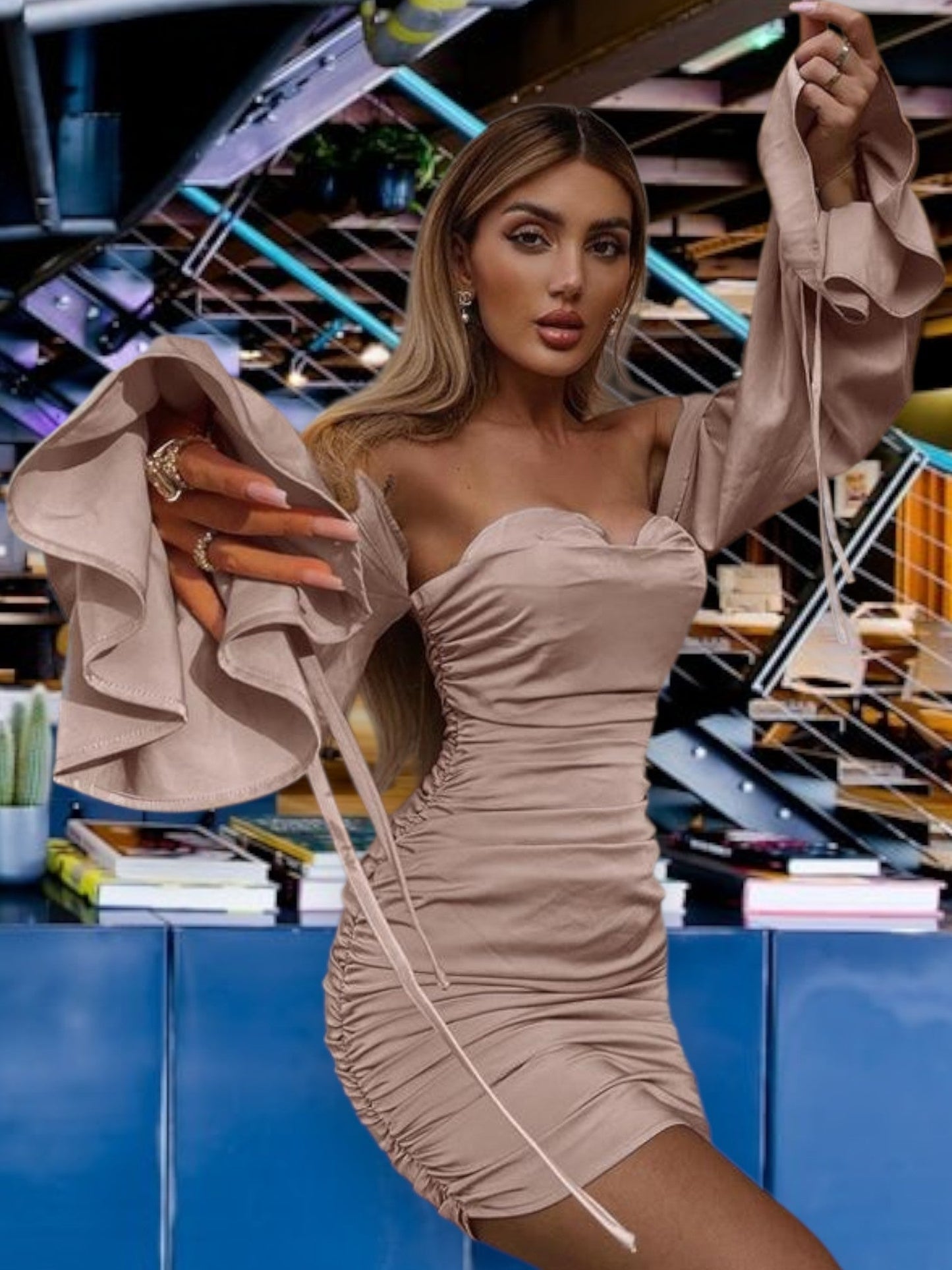 LP | Abito da donna off-the-shoulder con dettagli di volant in tessuto elasticizzato Mini abito