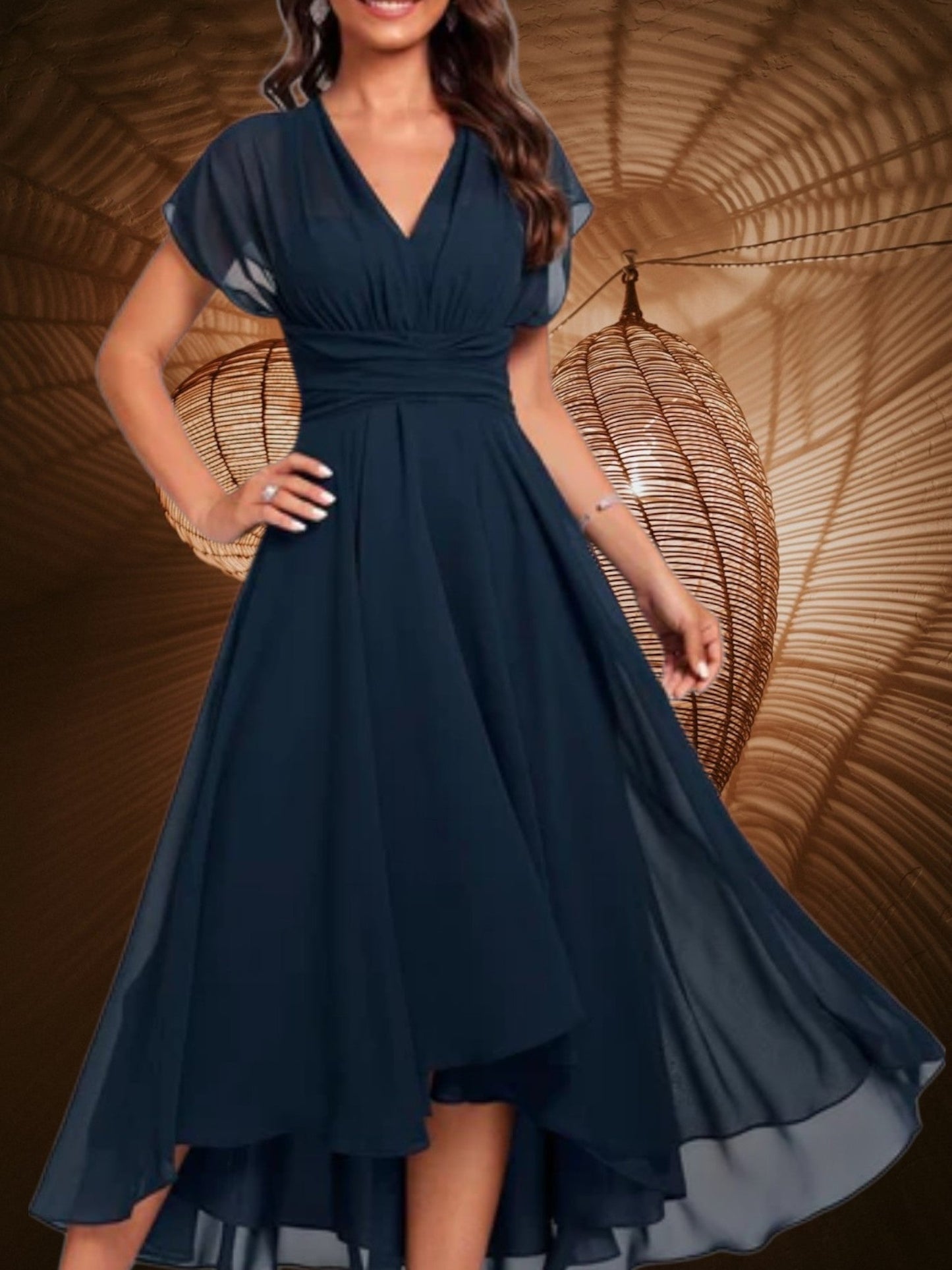 LP | Abito midi da donna con scollo a V, maniche corte e gonna aderente