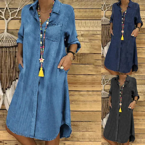 Abito midi LP | Jeans con maniche arrotolate e taschino sul petto.