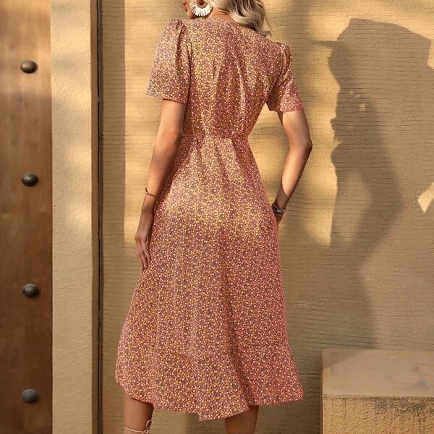 LP | 2024 Elegante abito midi floreale a forma di H con maniche a sbuffo e scollatura a V