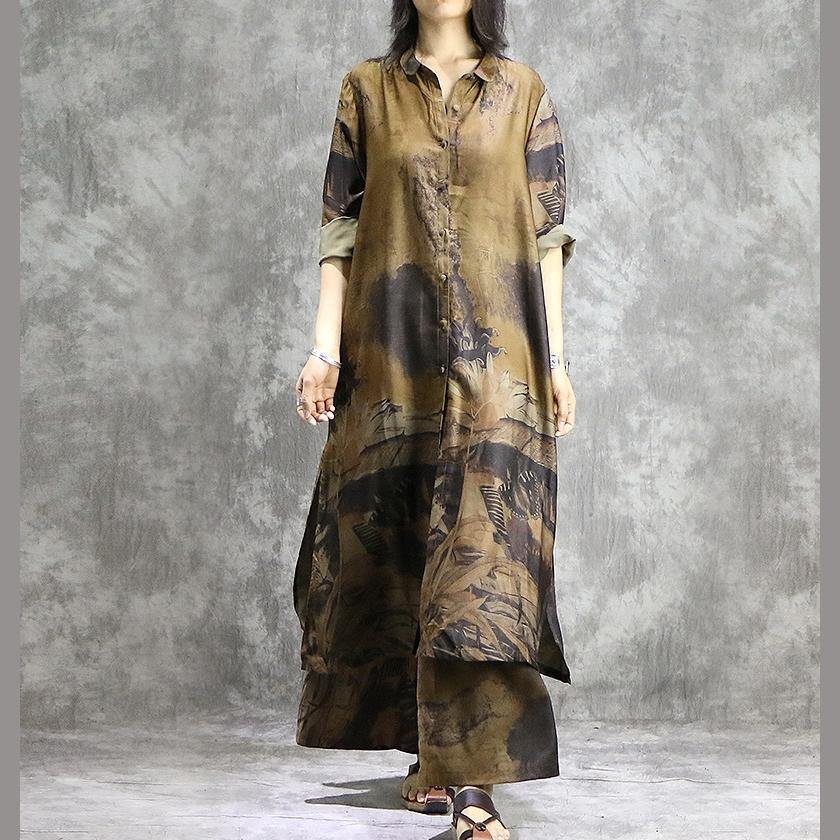 LP | Eleganti pantaloni a gamba larga tuniche di seta giallo due pezzi più dimensioni vestito stampe estive