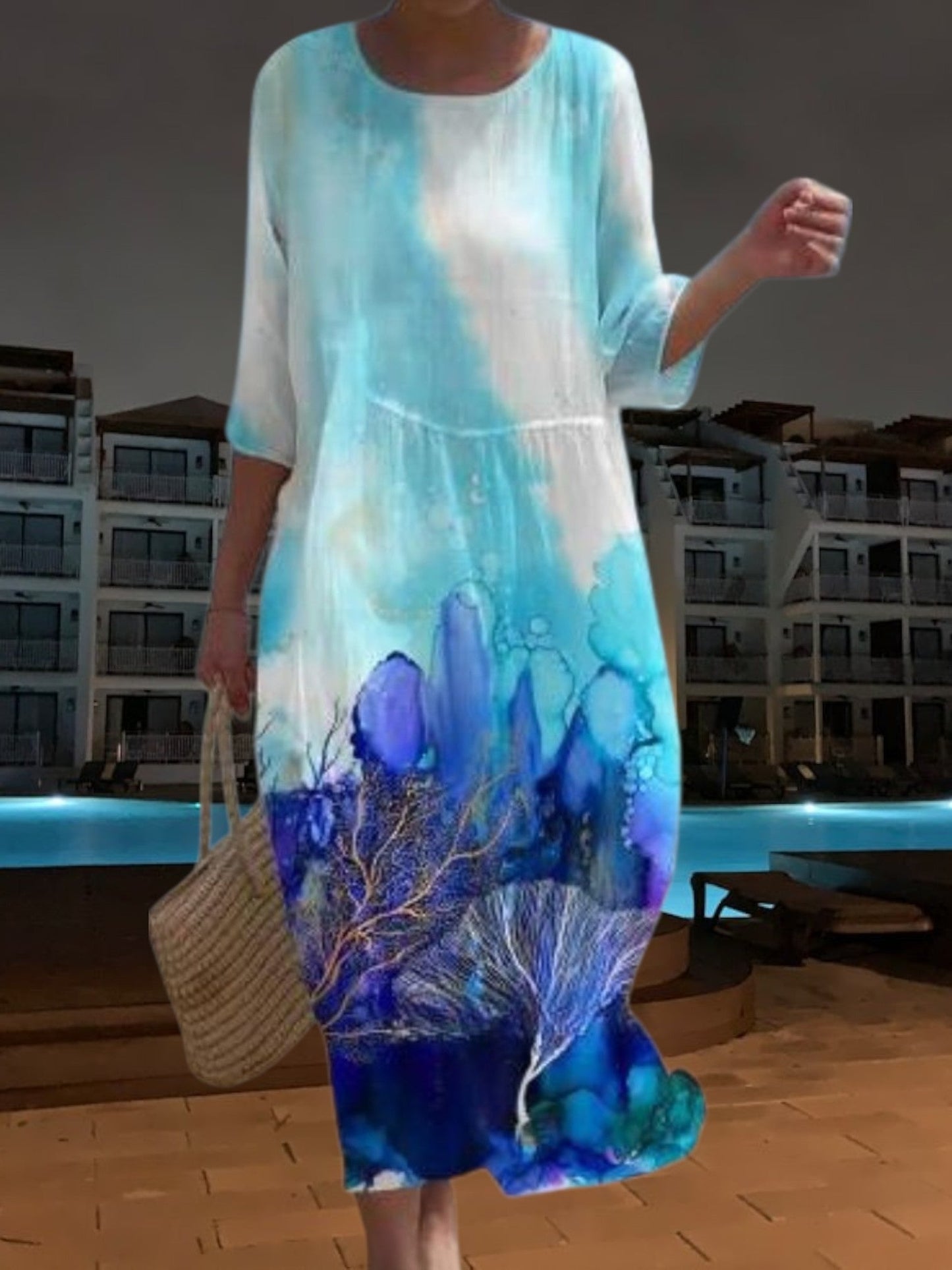 LP | Elegante abito midi in materiale leggero e fluido, maniche a 3/4 con stampa floreale