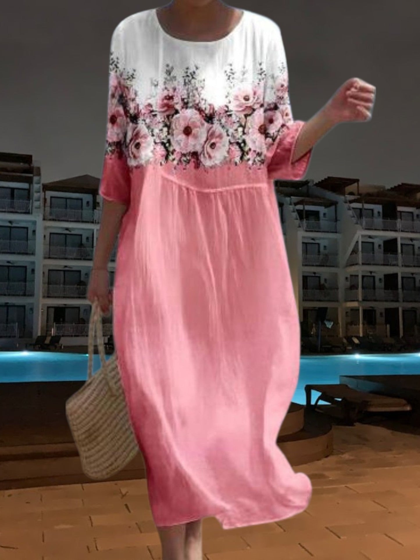 LP | Elegante abito midi in materiale leggero e fluido, maniche a 3/4 con stampa floreale