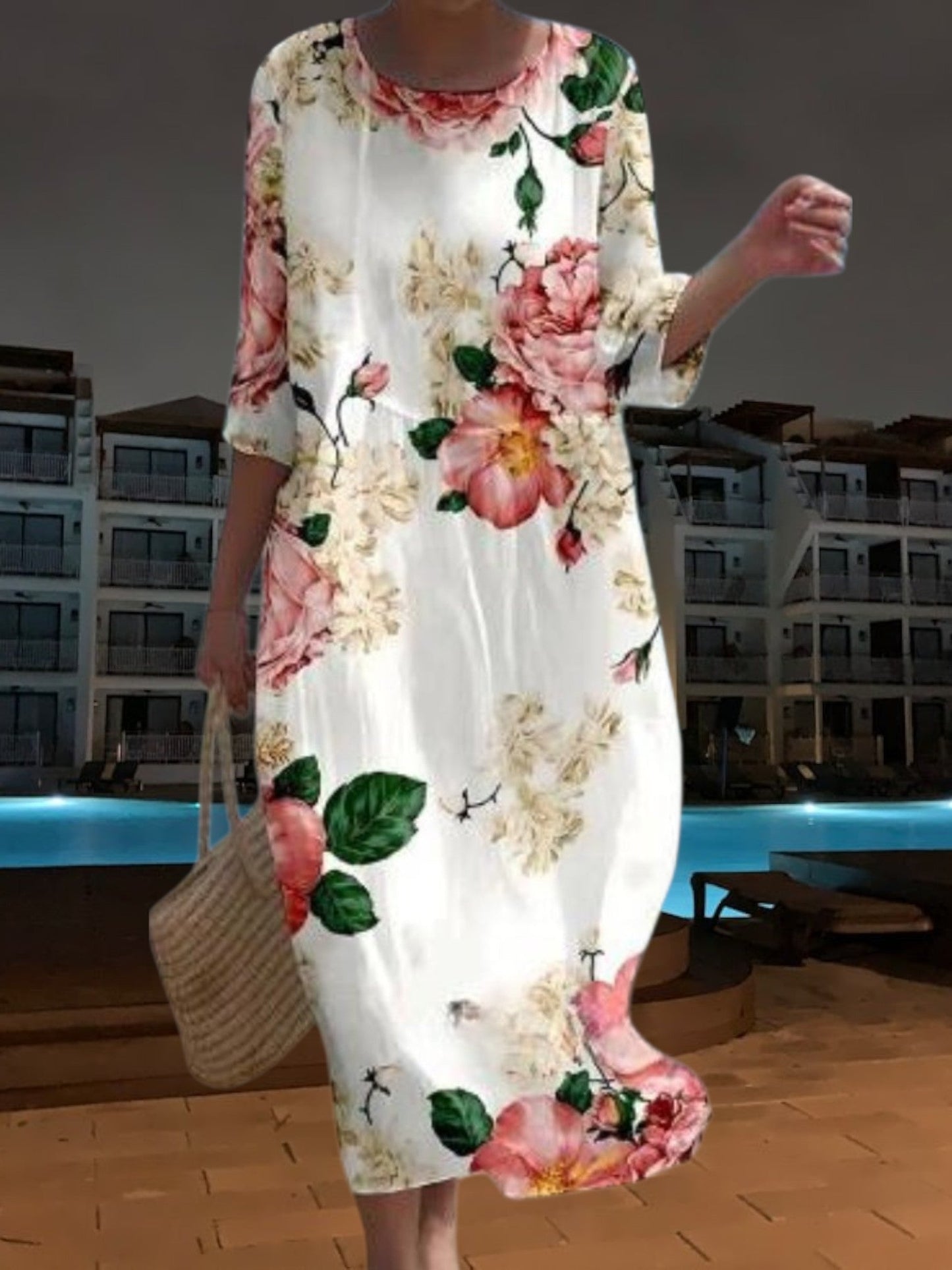 LP | Elegante abito midi in materiale leggero e fluido, maniche a 3/4 con stampa floreale