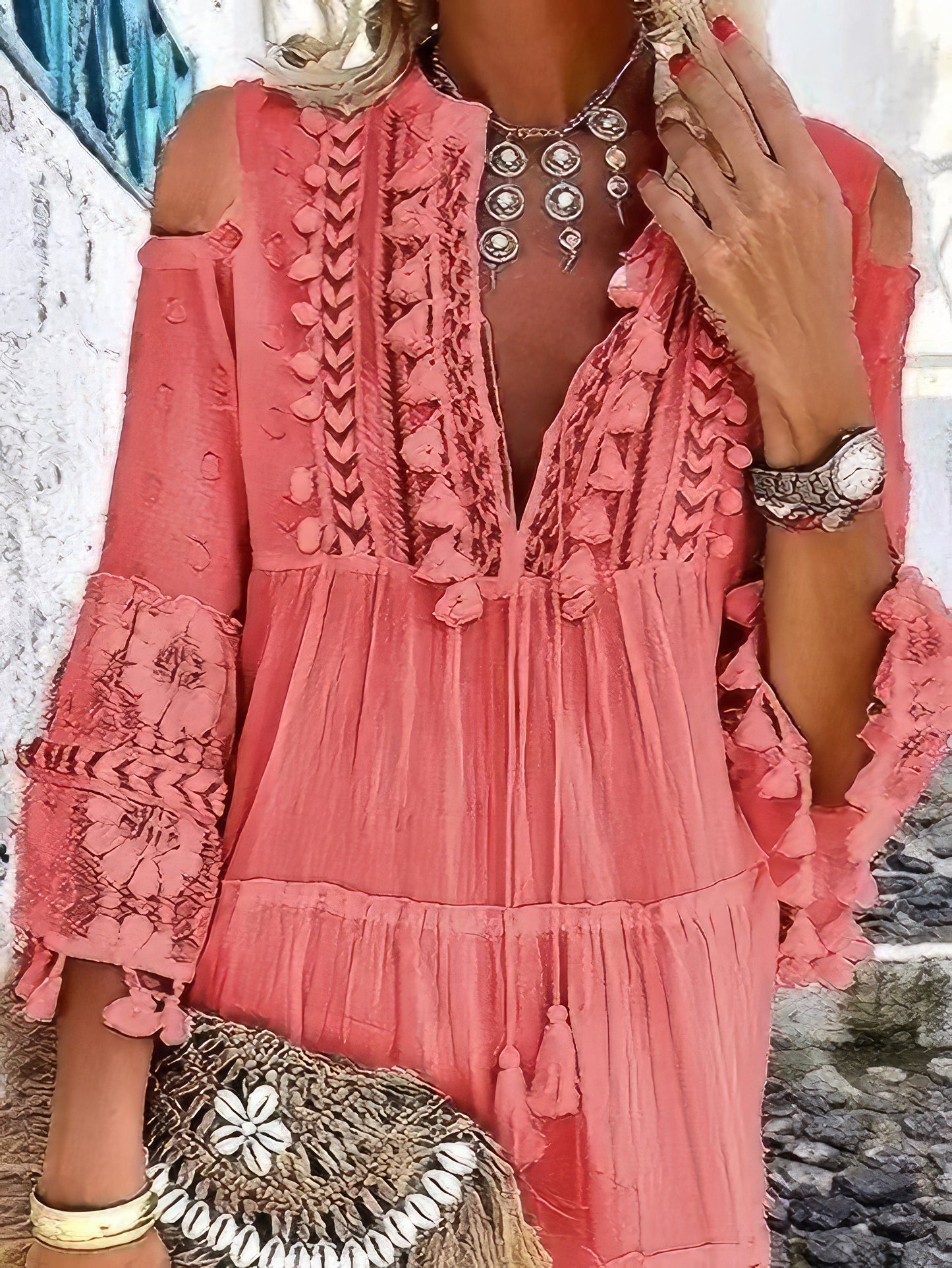 LP | Moda Mini abito con scollo a V e frange in pizzo