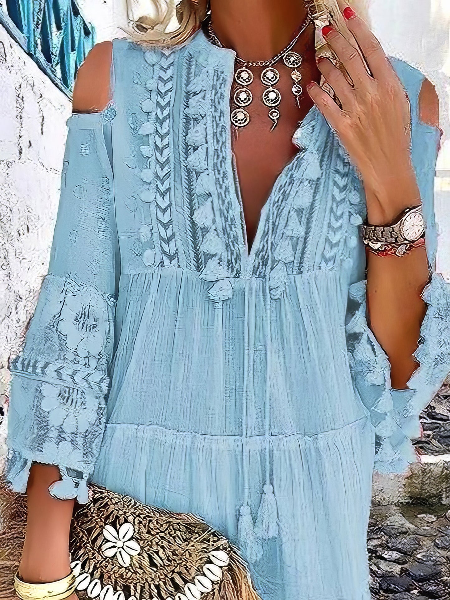 LP | Moda Mini abito con scollo a V e frange in pizzo