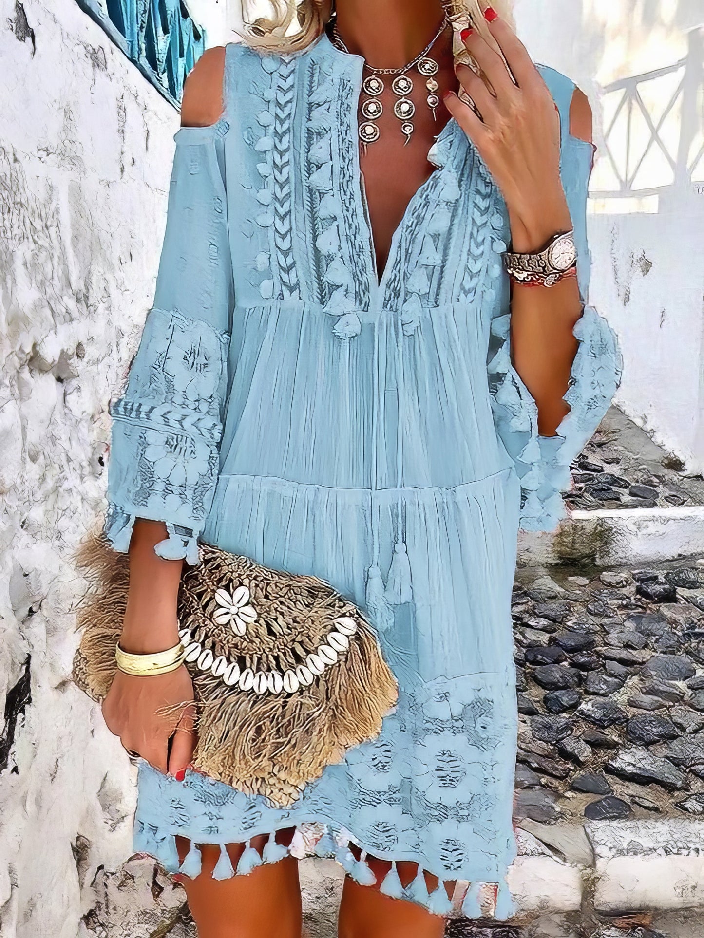 LP | Moda Mini abito con scollo a V e frange in pizzo