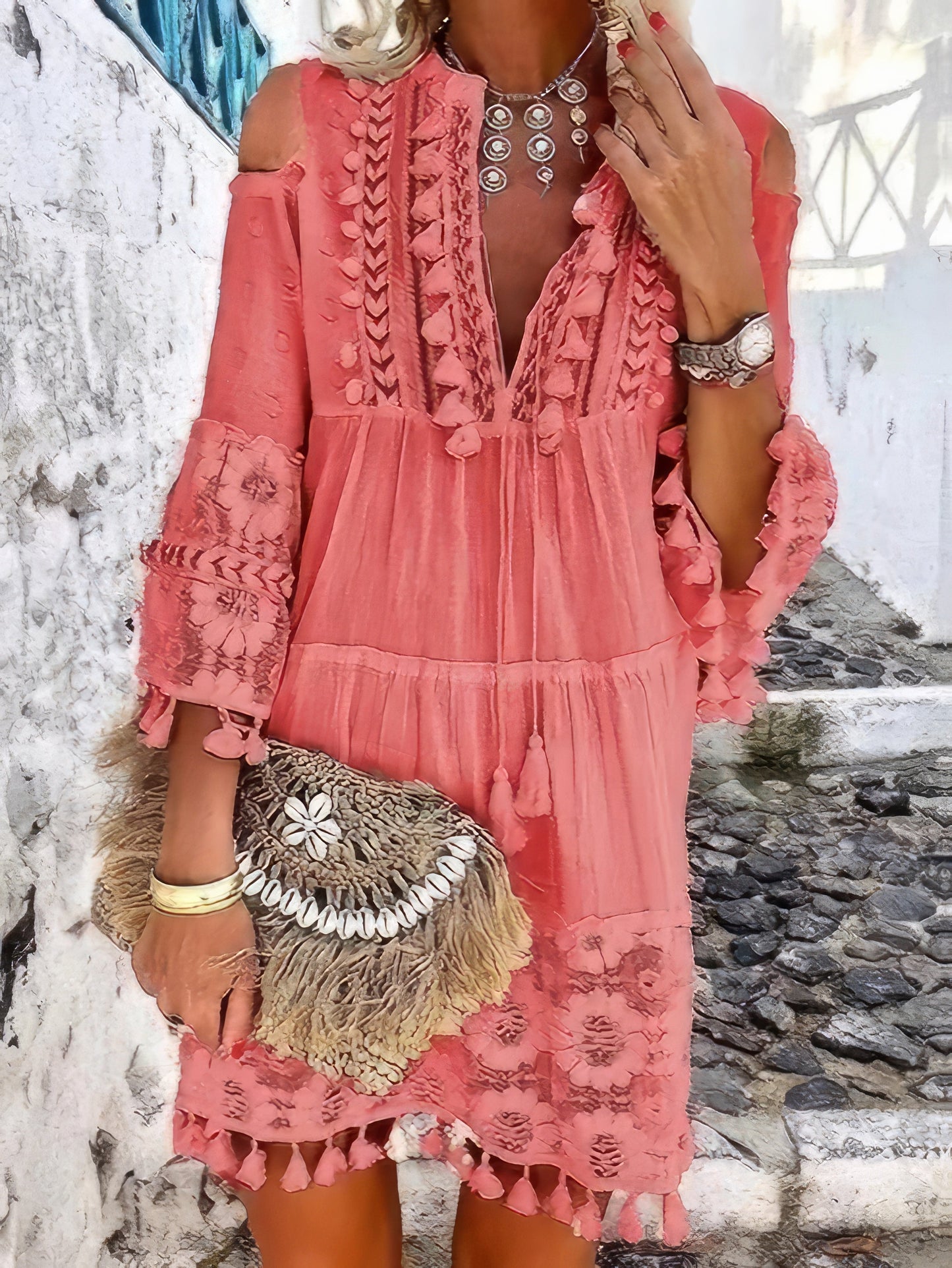 LP | Moda Mini abito con scollo a V e frange in pizzo