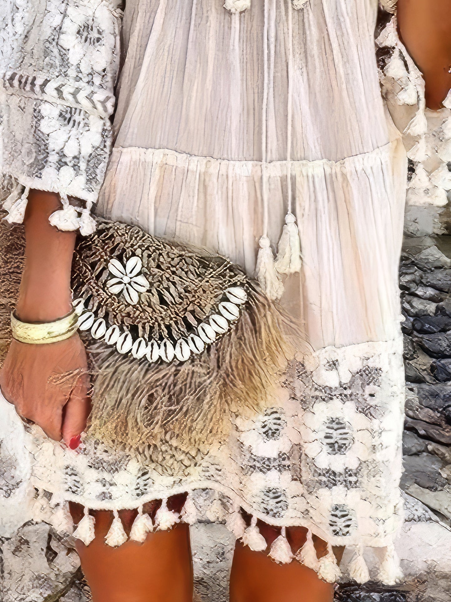 LP | Moda Mini abito con scollo a V e frange in pizzo