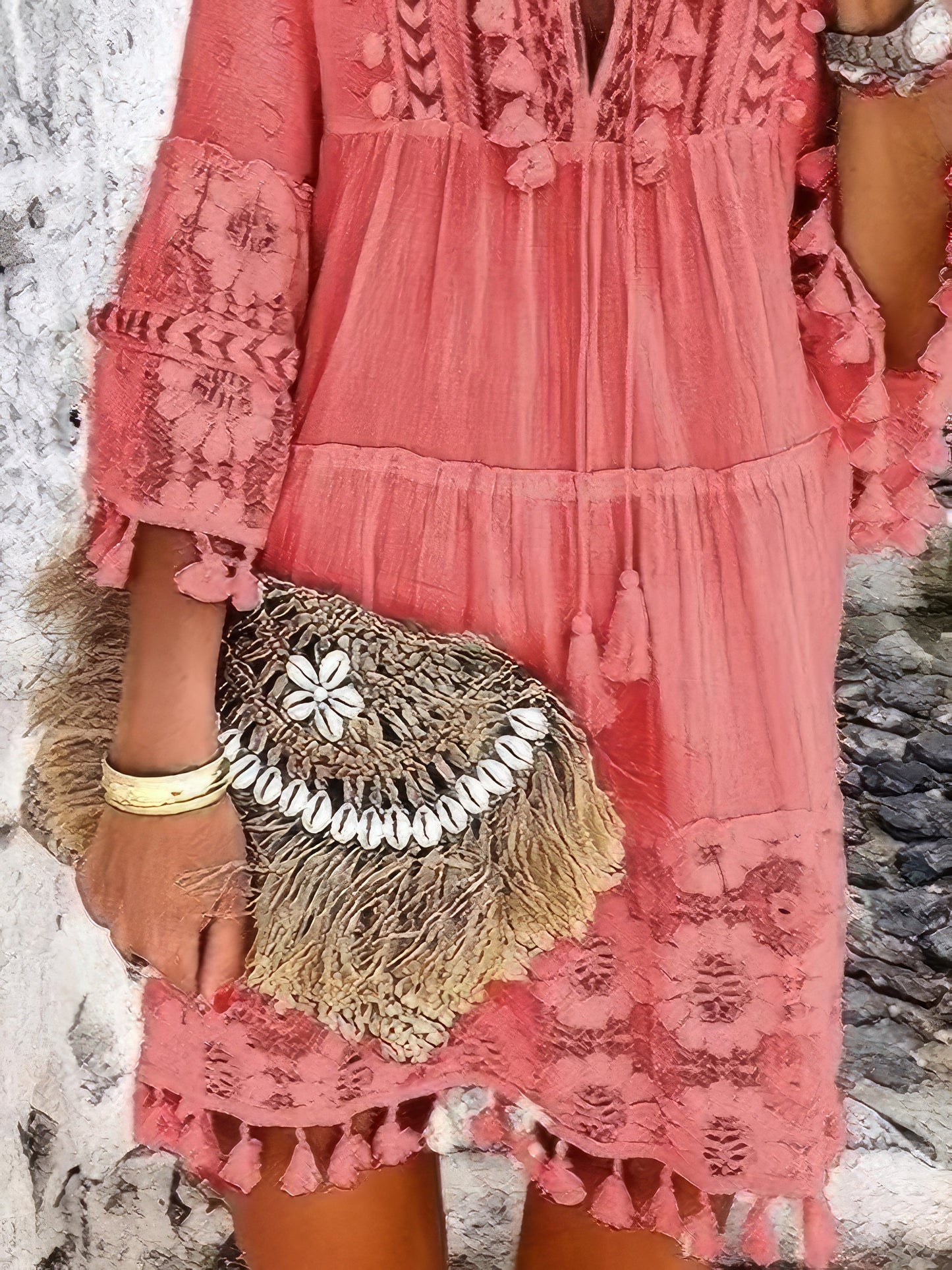 LP | Moda Mini abito con scollo a V e frange in pizzo