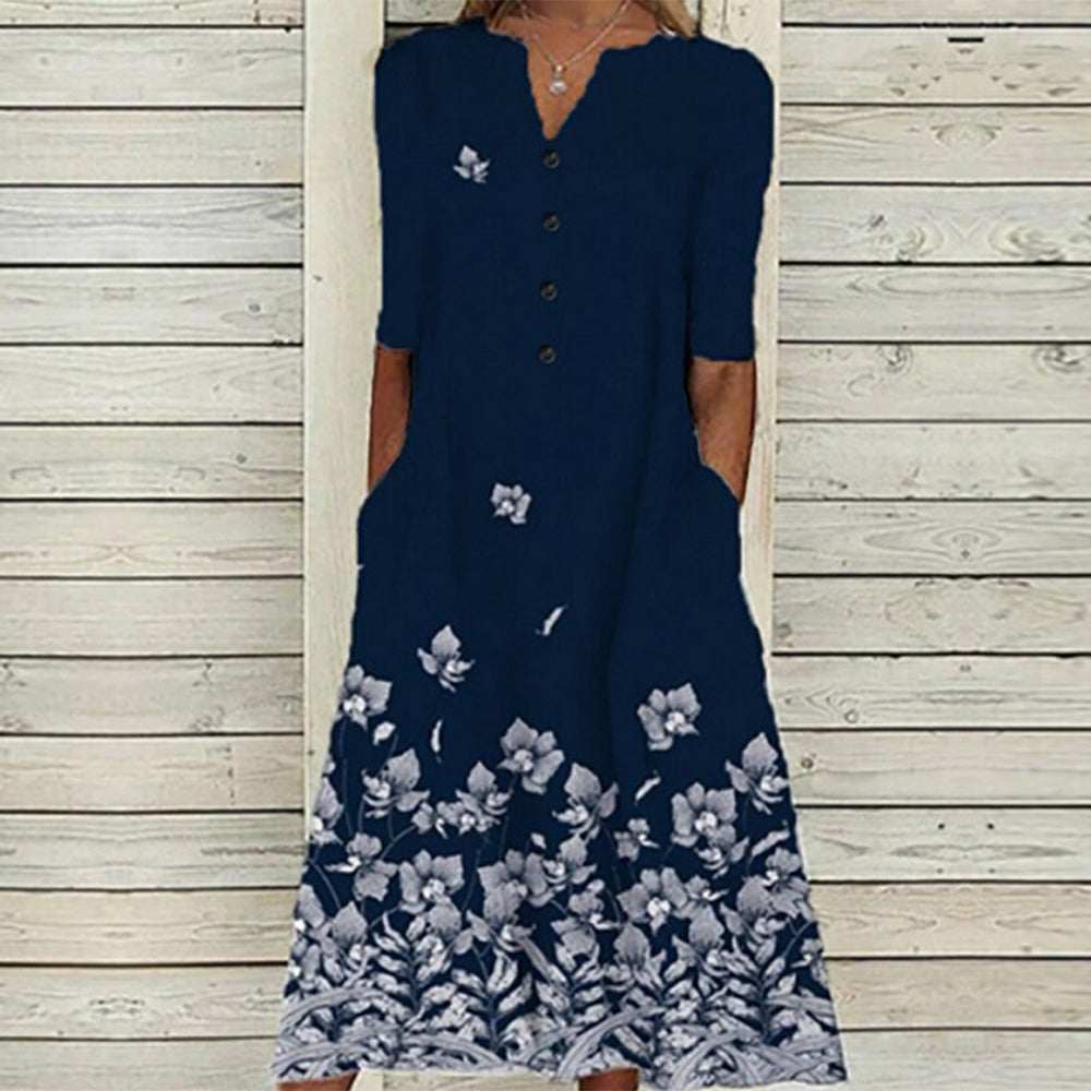 LP | Vestito midi da donna - Scollo a V - abbottonatura - maniche corte - stampa floreale a farfalla - tasche