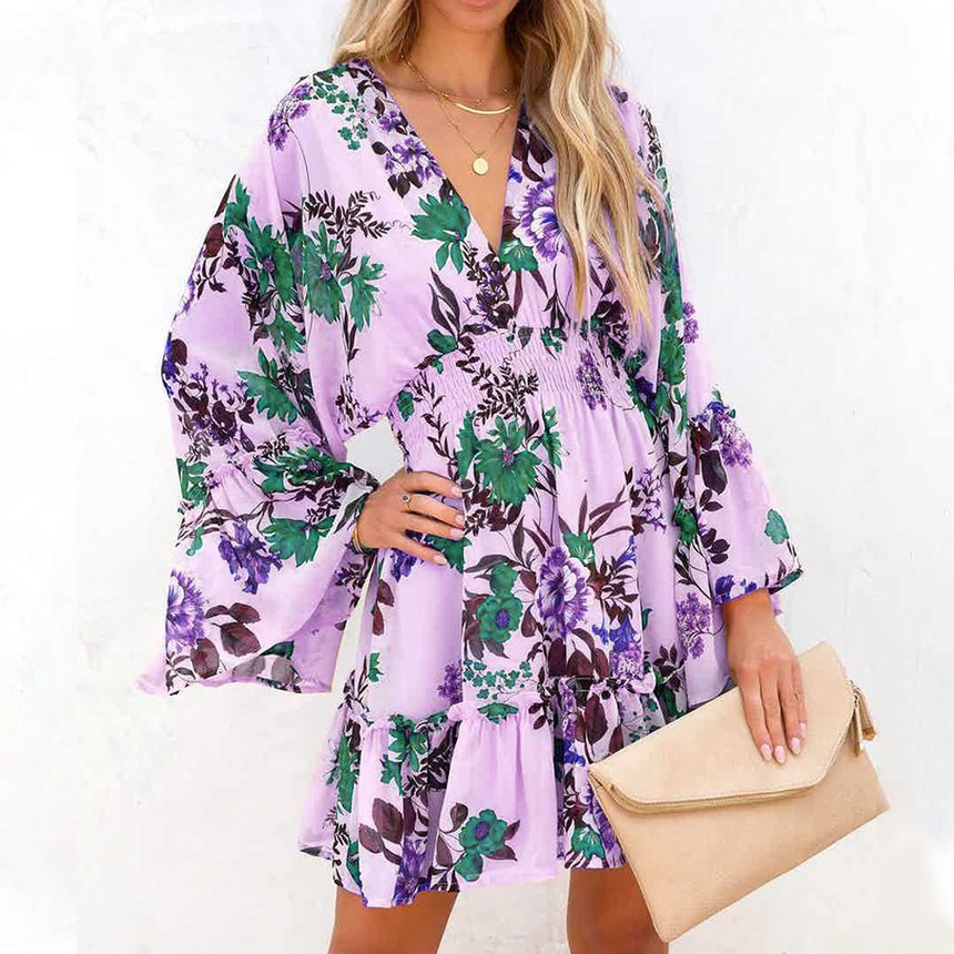 LP | Mini abito a-line con scollo a V e motivo floreale AH445