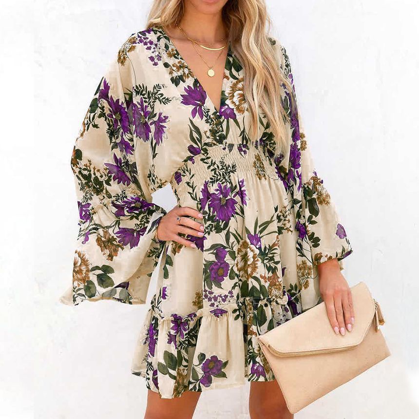 LP | Mini abito a-line con scollo a V e motivo floreale AH445
