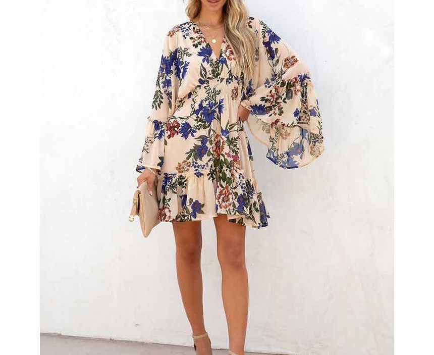 LP | Mini abito a-line con scollo a V e motivo floreale AH445
