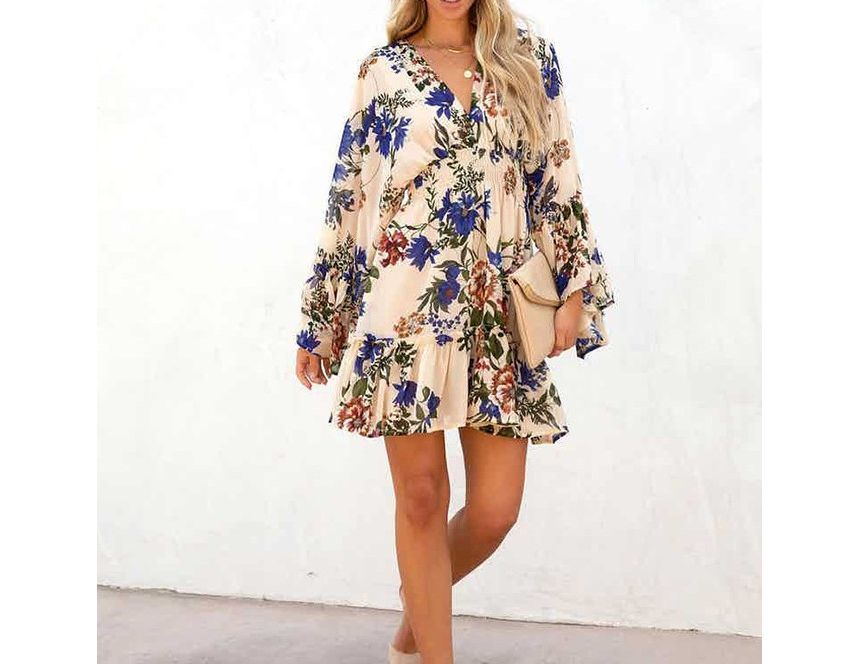 LP | Mini abito a-line con scollo a V e motivo floreale AH445